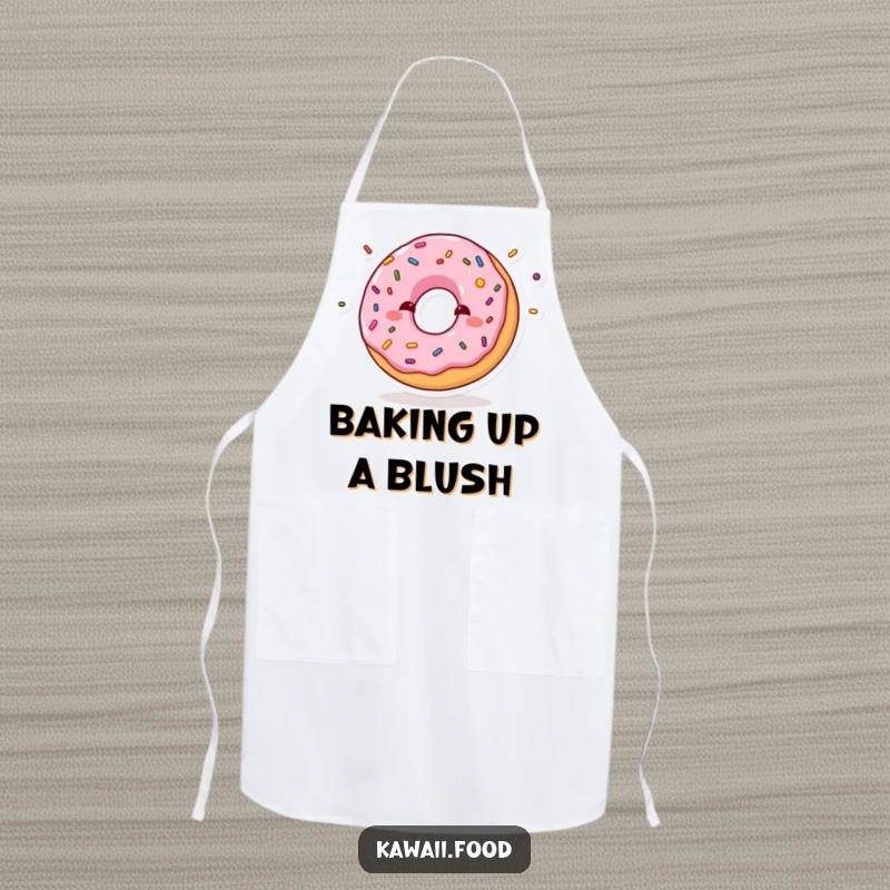 Funny apron featuring a shy donut blushing while juggling mini sprinkles, designed for baking fun and adding a touch of sweetness.