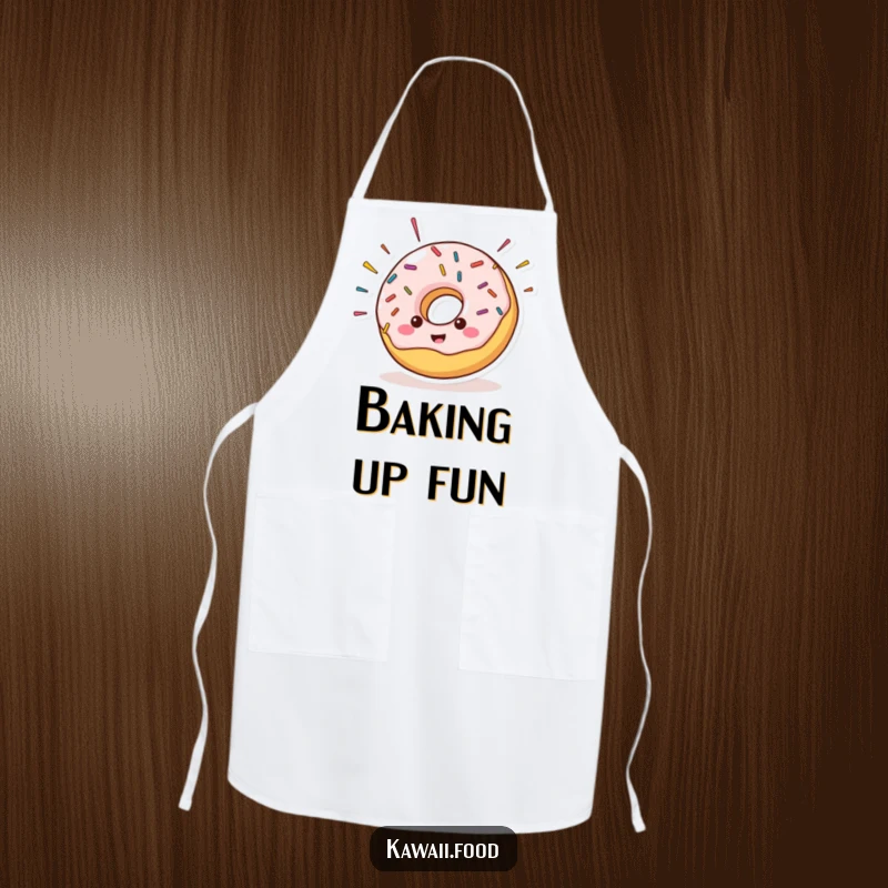 Cheerful donut character with sprinkles flying off its sides, ready for kitchen duty on this humorous chef apron.