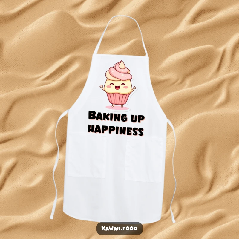 Funny kitchen apron depicting a 'bouncing cupcake' character with animated frosting hair, wiggling with culinary delight. A cheerful cooking accessory.