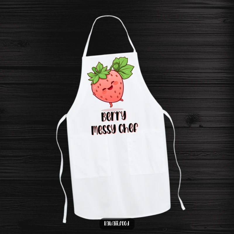 Funny Strawberry Apron with a giggling strawberry character performing a cartwheel, its leaf stem adding a dynamic flair to kitchen attire.