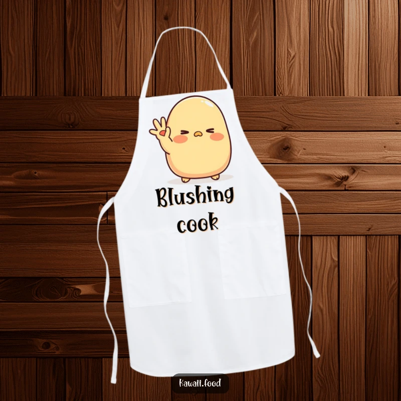 Funny Tamagoyaki Wink Apron: A blushing tamagoyaki character waves shyly with a cute wink, perfect for a sweet and fun cooking experience.