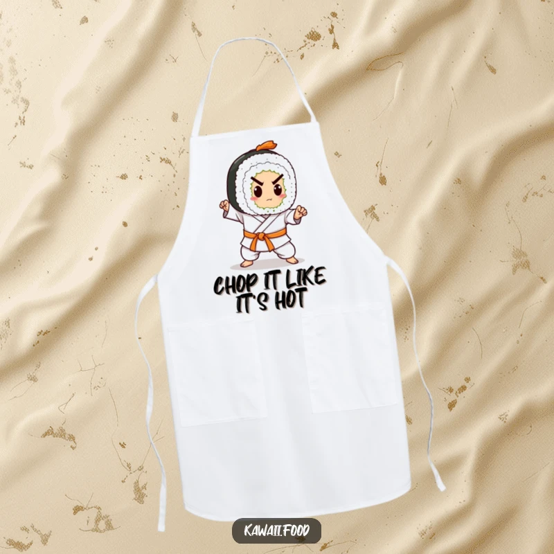 Funny kitchen apron with a sushi roll character in a karate belt, practicing a sharp chop. Perfect for culinary combat.
