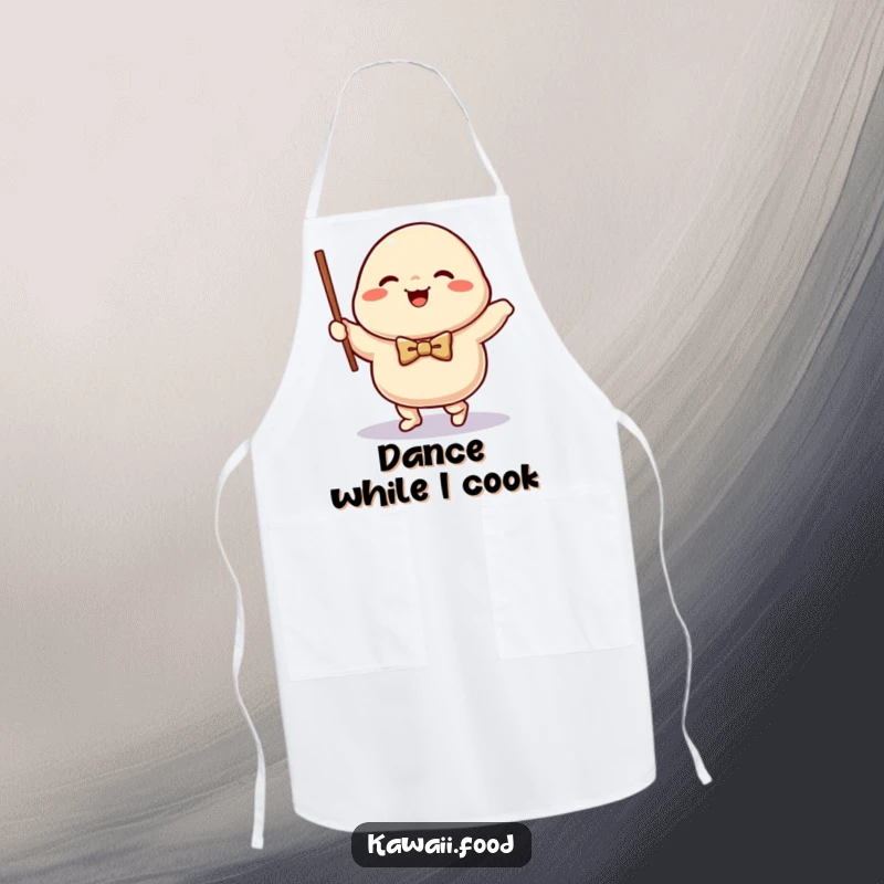 Funny happy dumpling character in a bow tie excitedly waltzing with a chopstick on this humorous and stylish apron.