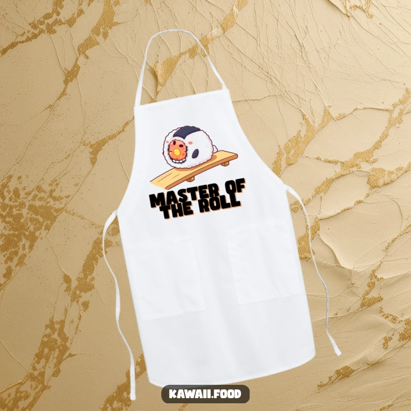 Funny apron featuring a smiling sushi roll smoothly sliding down a ramp, perfect for adding effortless fun to cooking.