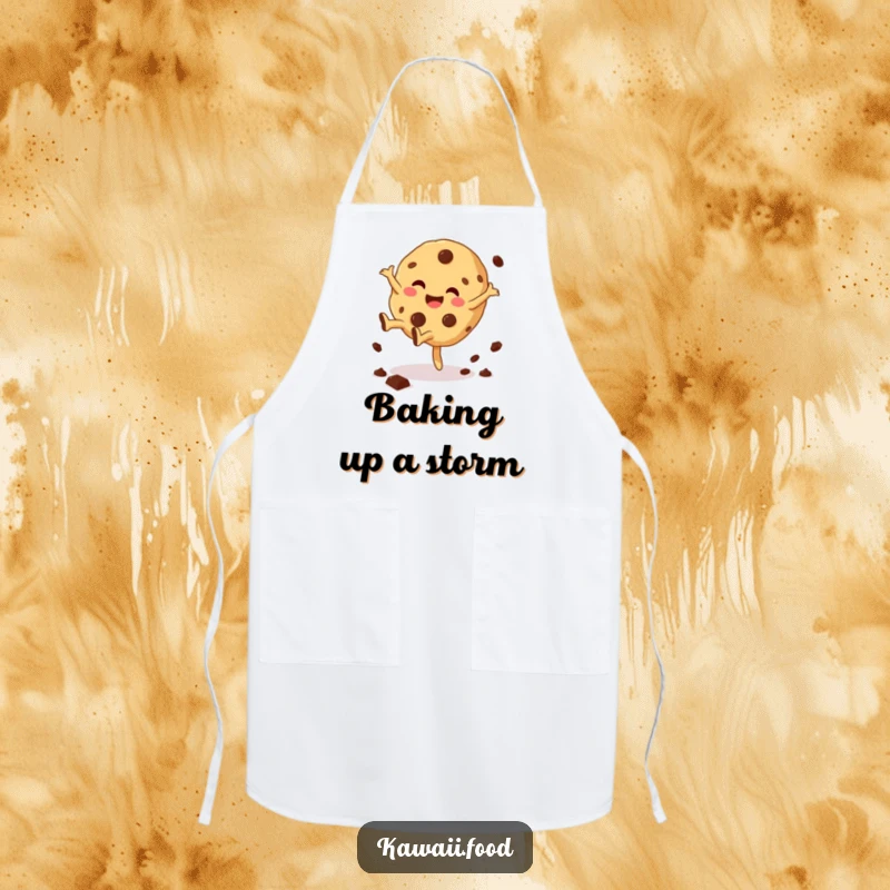 Funny Cookie Cartwheel Apron apparel with a giggling cookie character doing a cartwheel, chips scattering, a fun kitchen essential.