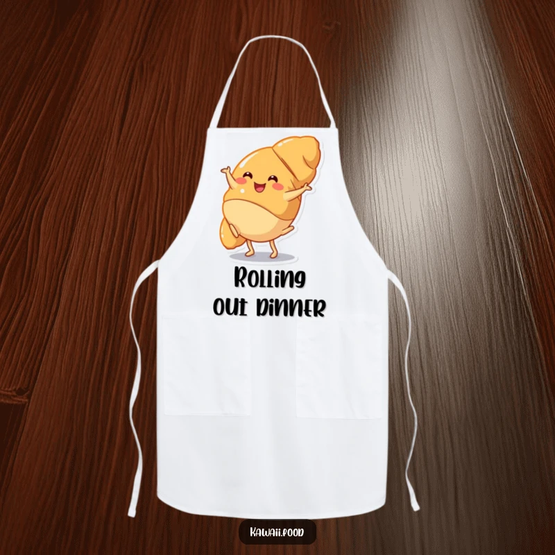 Funny Apron: A happy croissant character doing a cartwheel, adding a humorous and energetic touch to any baking or cooking adventure.