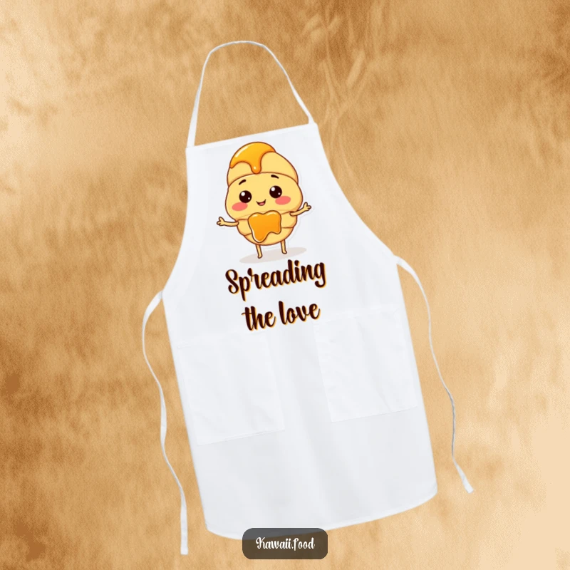 Funny apron showcasing a happy croissant character with tiny arms, enthusiastically spreading jam while cooking.