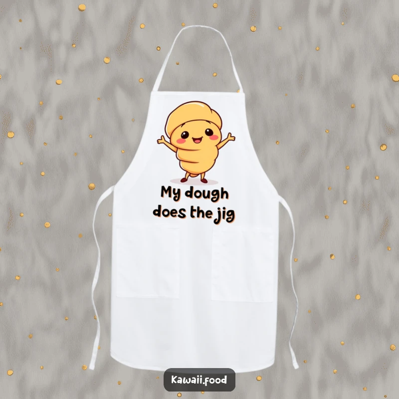 Funny apron displaying a smiling croissant character doing a silly little jig, perfect for adding fun to baking.