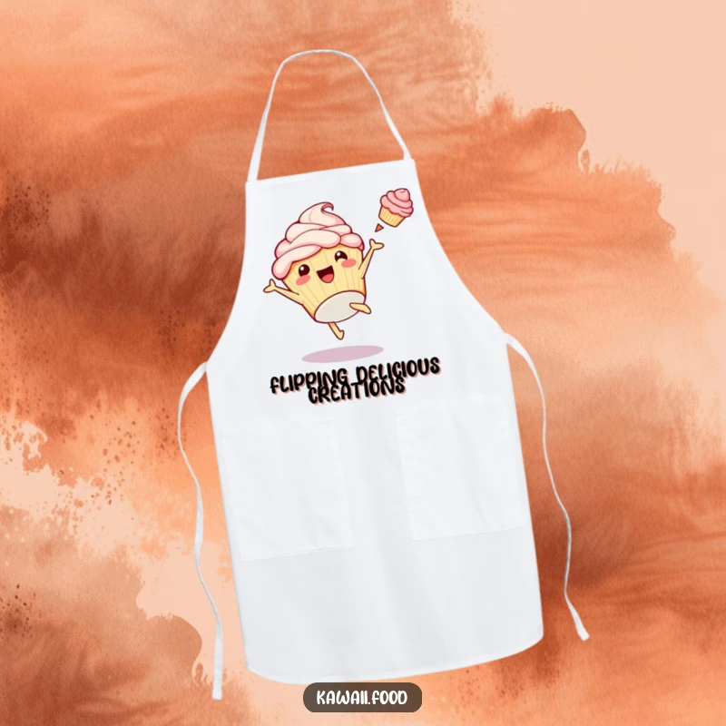 Funny apron featuring a playful cupcake doing a cartwheel with frosting artfully flying, perfect for a chef with a sense of humor.