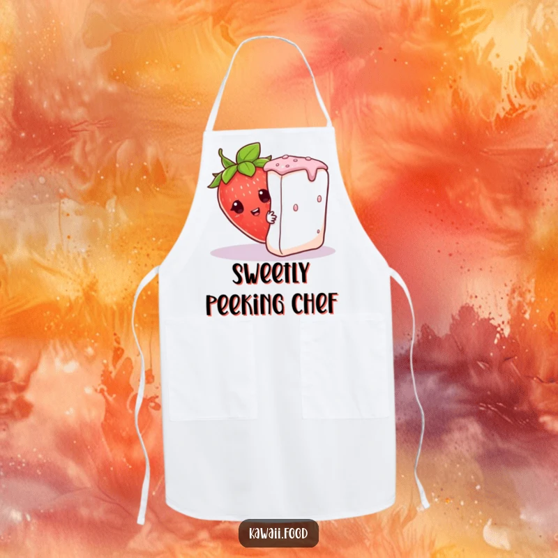 Funny curious strawberry in a leaf hat peeking from behind a giant sugar cube on this humorous and charming apron.