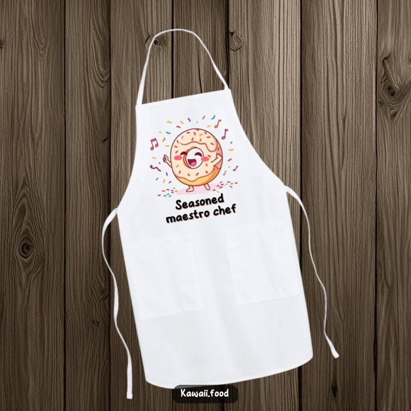 Funny apron with a giggling donut character enthusiastically conducting a sprinkle orchestra, ideal for a playful cook or baker.
