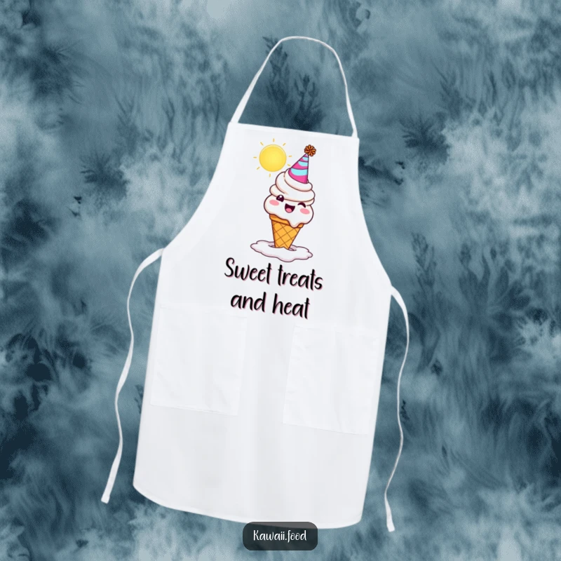 Funny ice cream cone character wearing a party hat, melting comically while cooking. A functional and funny apron.