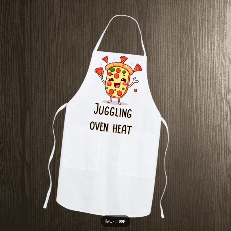 Funny apron showing a joyful pizza character juggling pepperoni slices, ideal for adding humor to cooking and making a practical, funny gift.