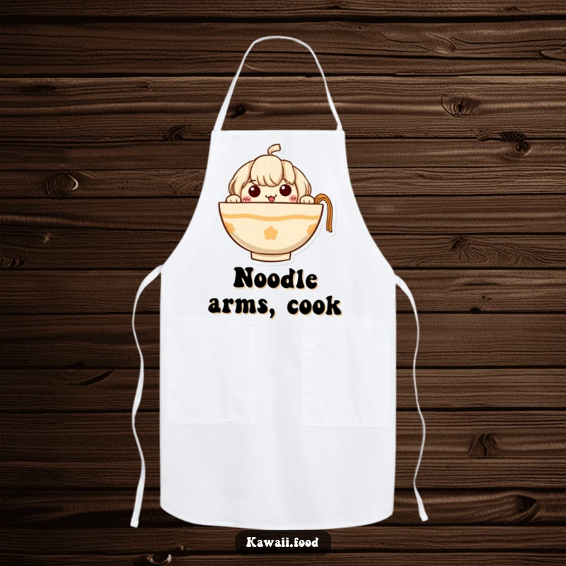 Funny Ramen Apron featuring a curious ramen bowl character peeking out with tiny noodle arms, perfect for kitchen antics and cooking.