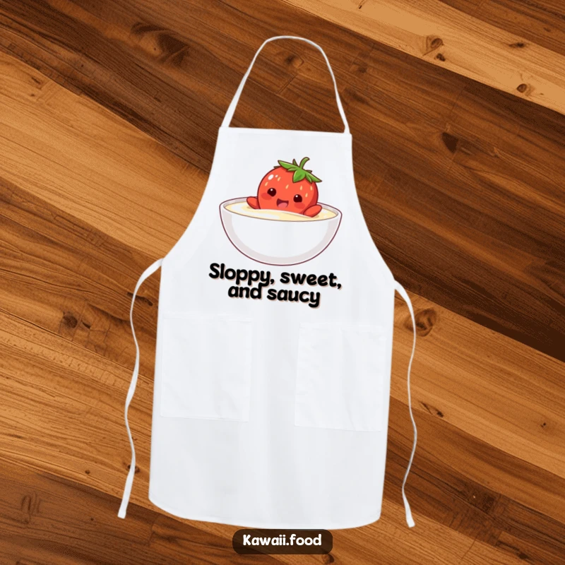 Funny apron displaying a happy strawberry character comically attempting to swim in a bowl of cream, ready for dessert making.