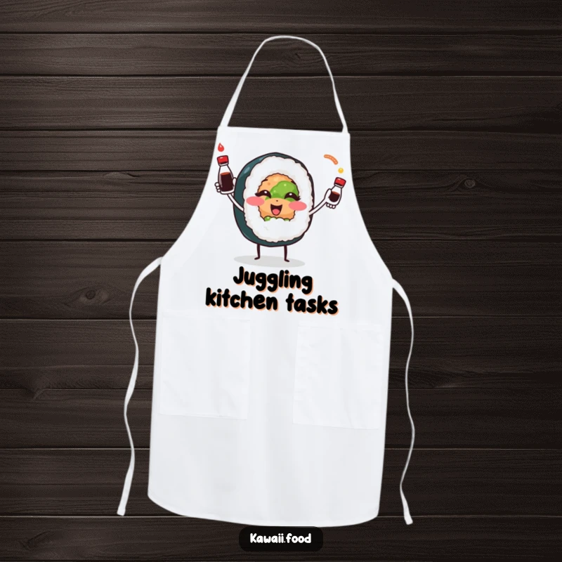 Smiling sushi roll character playfully juggling soy sauce bottles, ready for kitchen duty on this humorous chef apron.