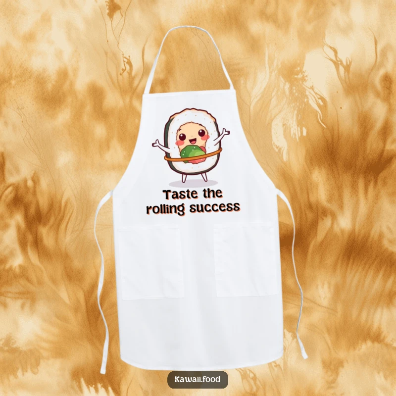 Funny apron of a cheerful sushi roll character spinning a small hula hoop, perfect for a fun cooking session.