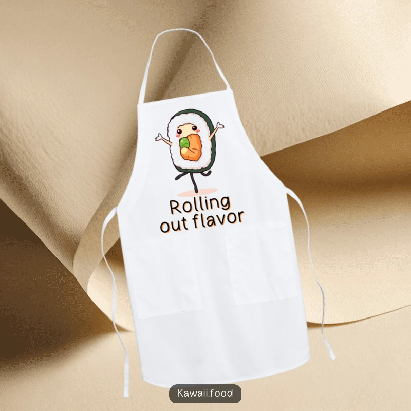 Cheerful sushi roll elegantly performing a pirouette, on a practical apron, perfect for a sophisticated cook.