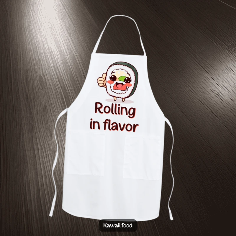 Funny sushi roll character apron giving a proud thumbs up, culinary pride for the kitchen, ideal funny gift.