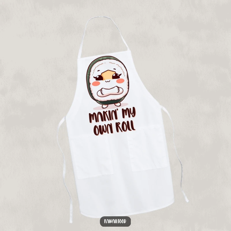 Funny apron with a sushi roll character standing guard, arms crossed, playfully gesturing ‘shoo’, ideal for kitchen protection and humor.