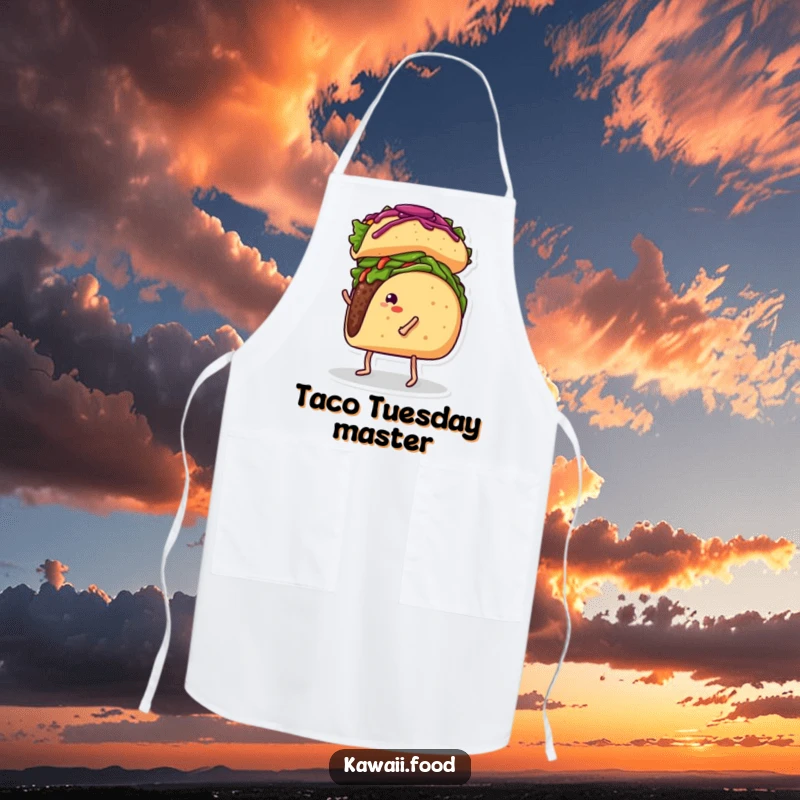 Funny apron showing a taco with legs attempting to balance a burrito on its head, ideal for adding humor to cooking.
