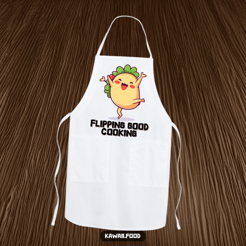 Cute anthropomorphic taco character doing a joyful cartwheel, ready for kitchen duty on this humorous chef apron.