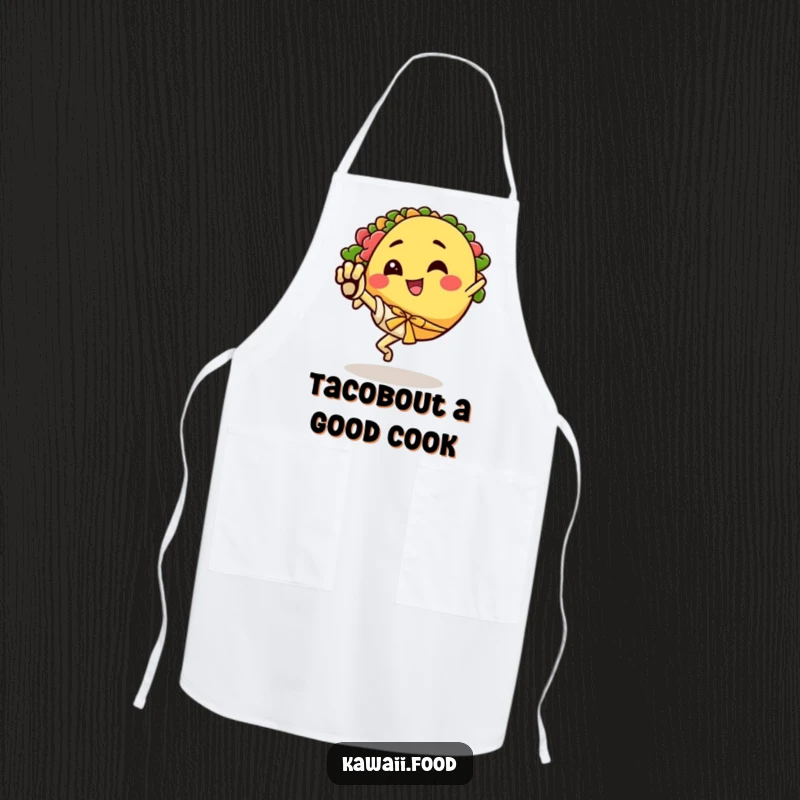 Funny apron of a happy taco character energetically performing a karate kick, perfect for a fun cooking experience.