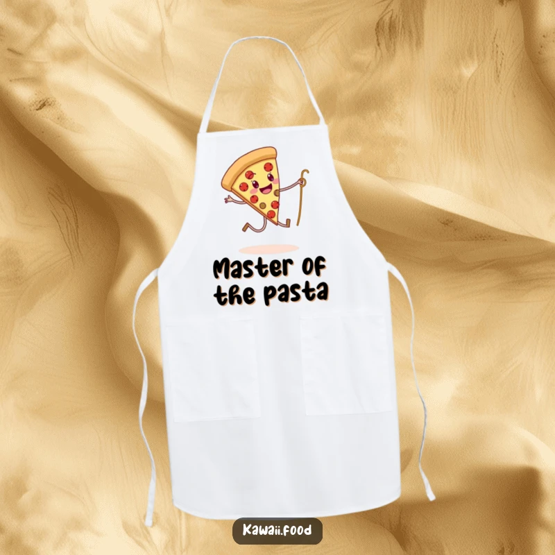 Funny apron showing a pizza slice with legs skipping rope with a spaghetti strand, ideal for adding humor to cooking.