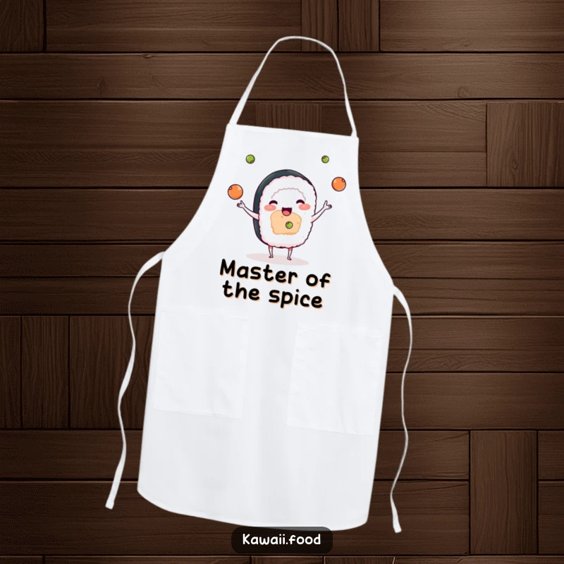 Funny apron print of a playful sushi character juggling small wasabi balls, a comical and charming kitchen accessory.