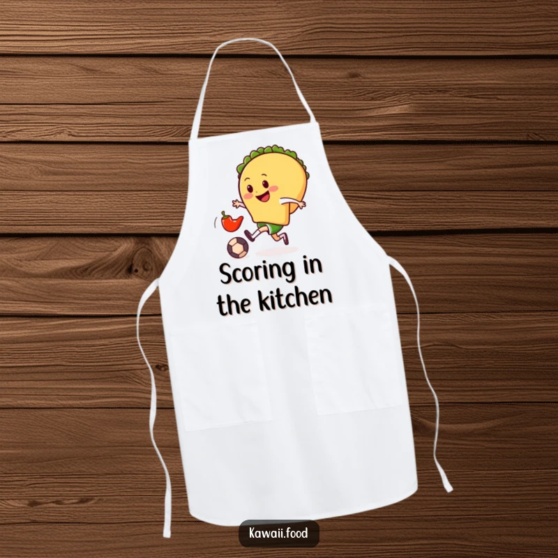 Funny apron depicting a smiling taco character gleefully kicking a tiny chili pepper soccer ball, adding humor to kitchen tasks.