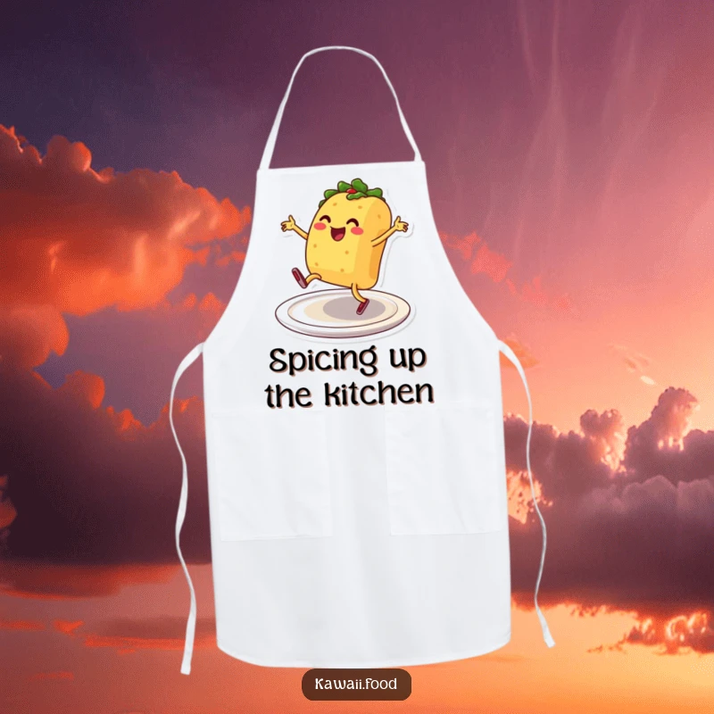 Smiling taco character breakdancing on a plate, on a practical apron, perfect for a lively cook.