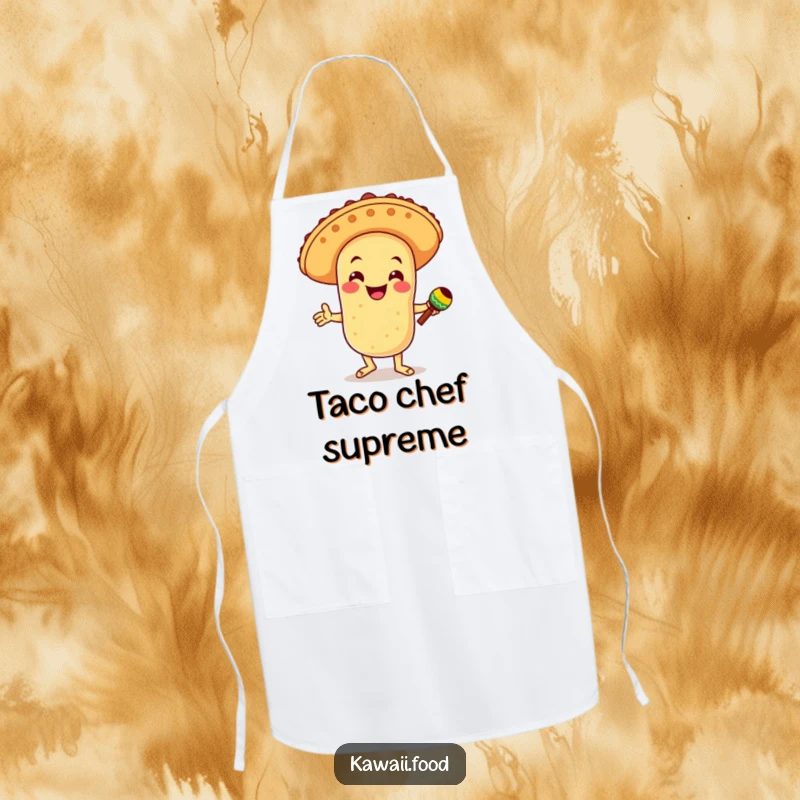 Funny apron with a smiling taco character wearing a sombrero, dancing with maracas, ideal for kitchen parties and adding festive joy.
