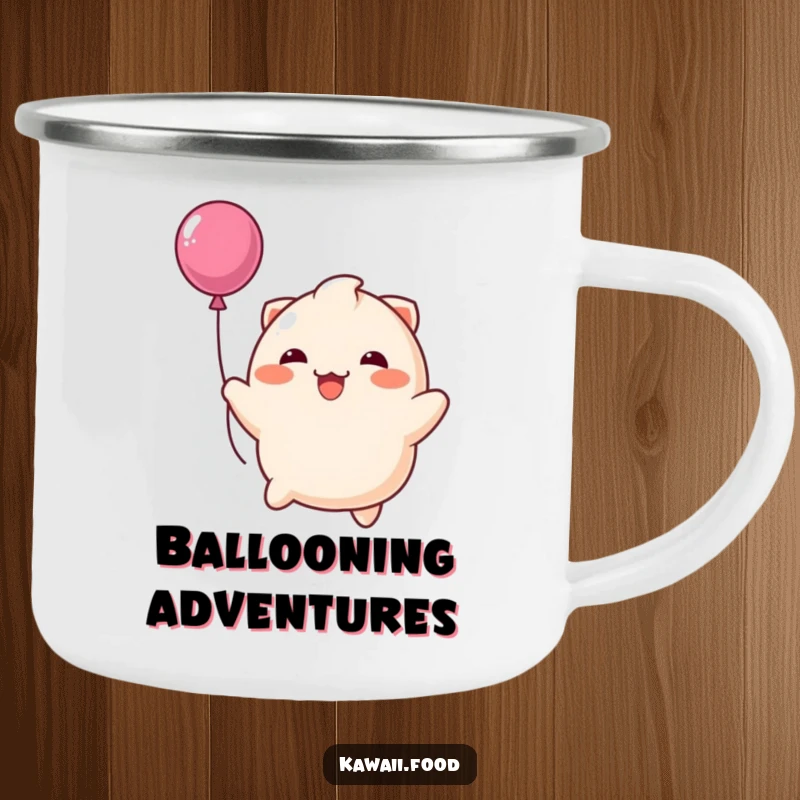 Funny camping mug featuring a happy dumpling playfully bouncing like a balloon, great for outdoor enjoyment and spreading cheer.