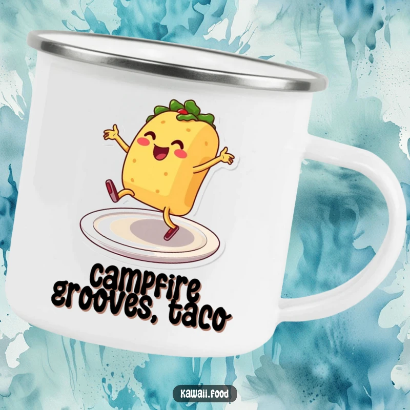 Durable funny smiling taco character breakdancing on a plate, on a camping mug, ready for humorous outdoor enjoyment.