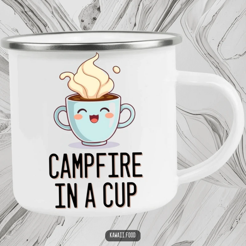 Funny camping mug with a cheerful coffee cup character comically overflowing with steam, great for hot drinks in the wild.