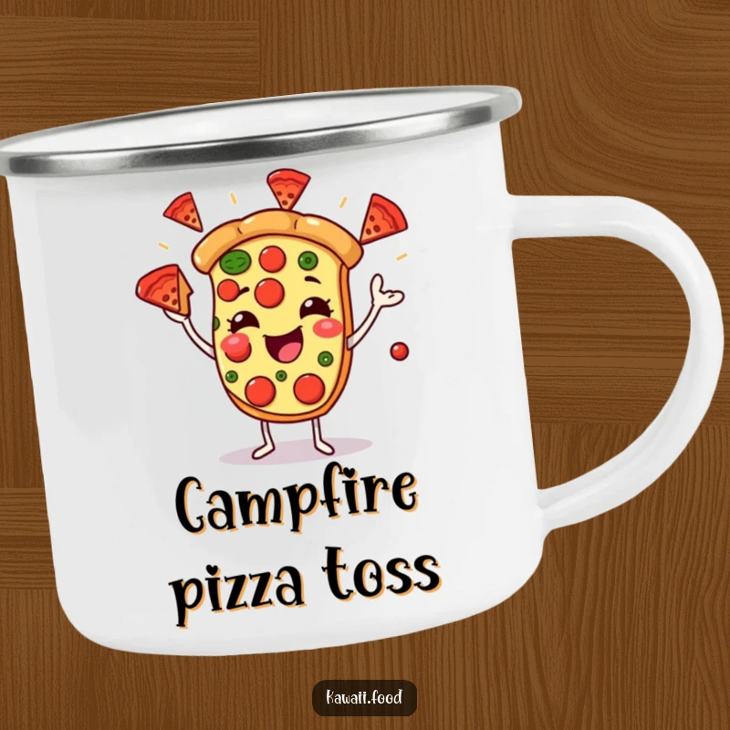 Funny camping mug showing a joyful pizza character juggling pepperoni slices, ideal for outdoor enthusiasts who enjoy a cheesy laugh.