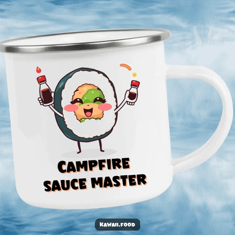 Smiling sushi roll character playfully juggling soy sauce bottles, on a durable camping mug for rugged, humorous enjoyment.
