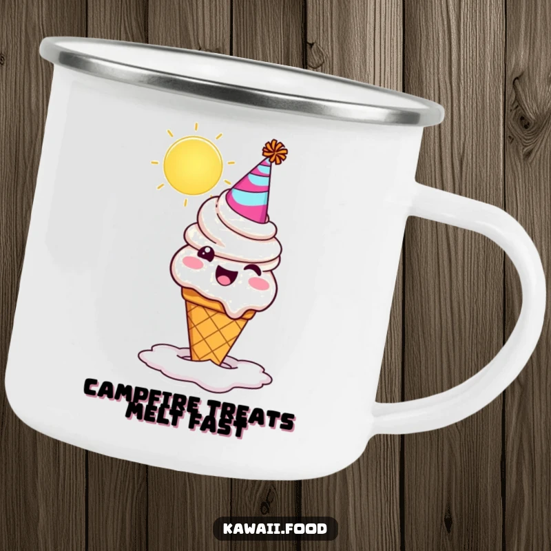 Funny ice cream cone character in a party hat, melting under the sun during a camping trip. A sturdy and funny enamel mug.