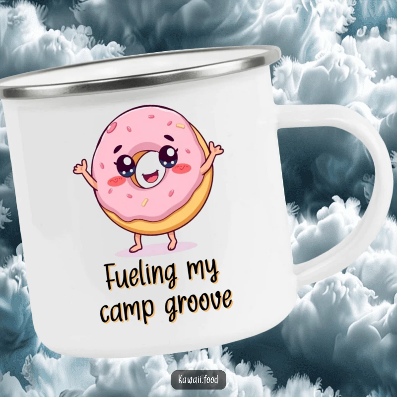 Funny camping mug depicting a cheerful donut with eyes doing a playful dance, perfect for outdoor drinks.