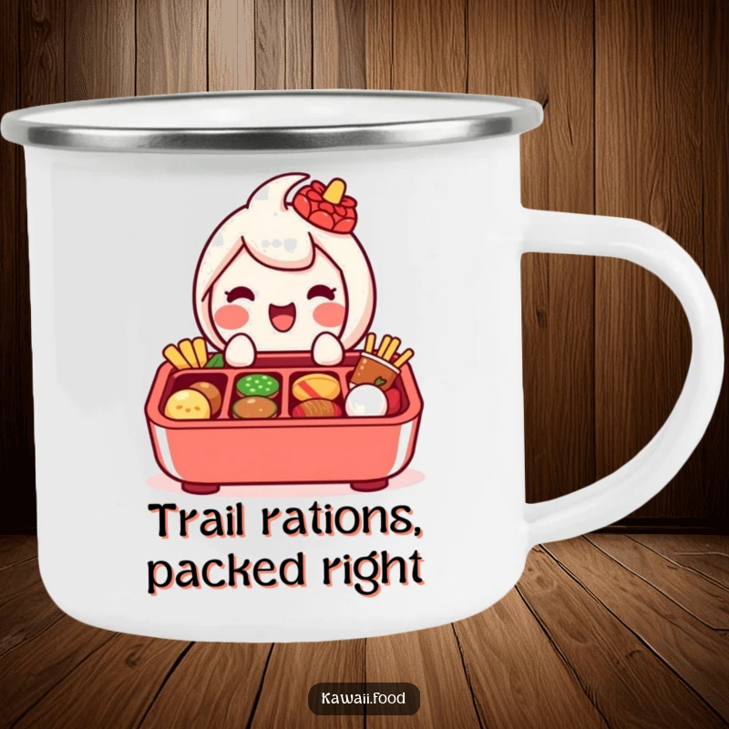 Funny camping mug with a delighted bento box character, compartments filled with miniature food items, presented happily outdoors.