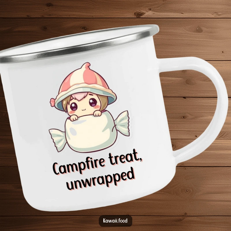 Funny camping mug with a curious candy character in a wrapper hat, popping out of a larger wrapper outdoors.