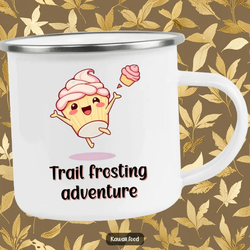 Funny camping mug featuring a playful cupcake doing a cartwheel with frosting flying, durable and ready for any adventure.