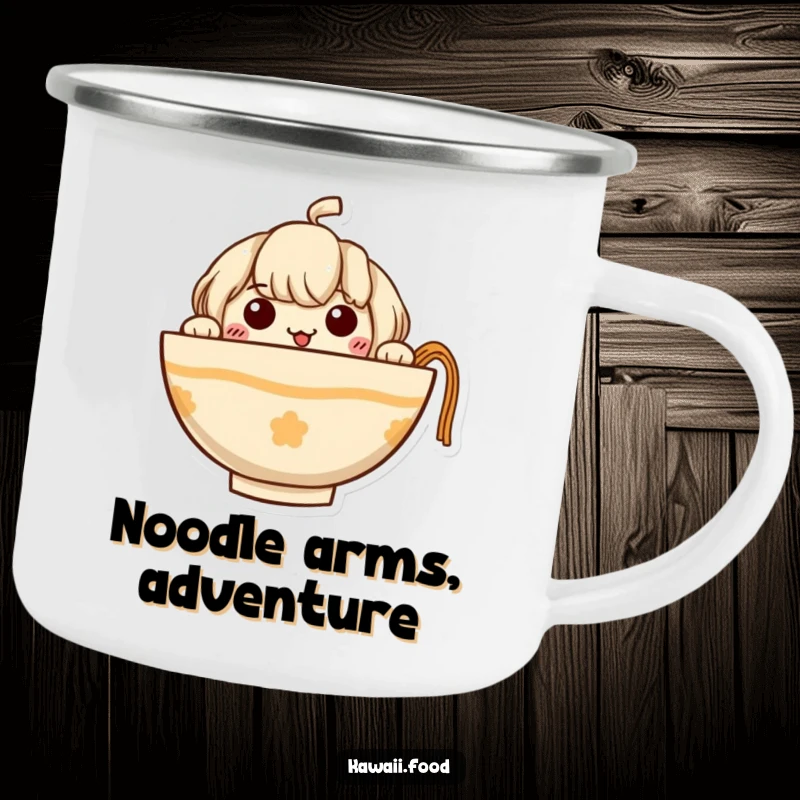 Funny Ramen Camping Mug featuring a curious ramen bowl character peeking out with tiny noodle arms, ready for campfire stories.
