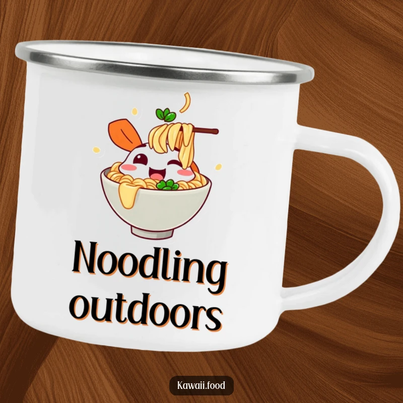 Funny cheerful ramen bowl character slurping imaginary noodles on a camping mug, perfect for outdoor enjoyment and comforting sips.