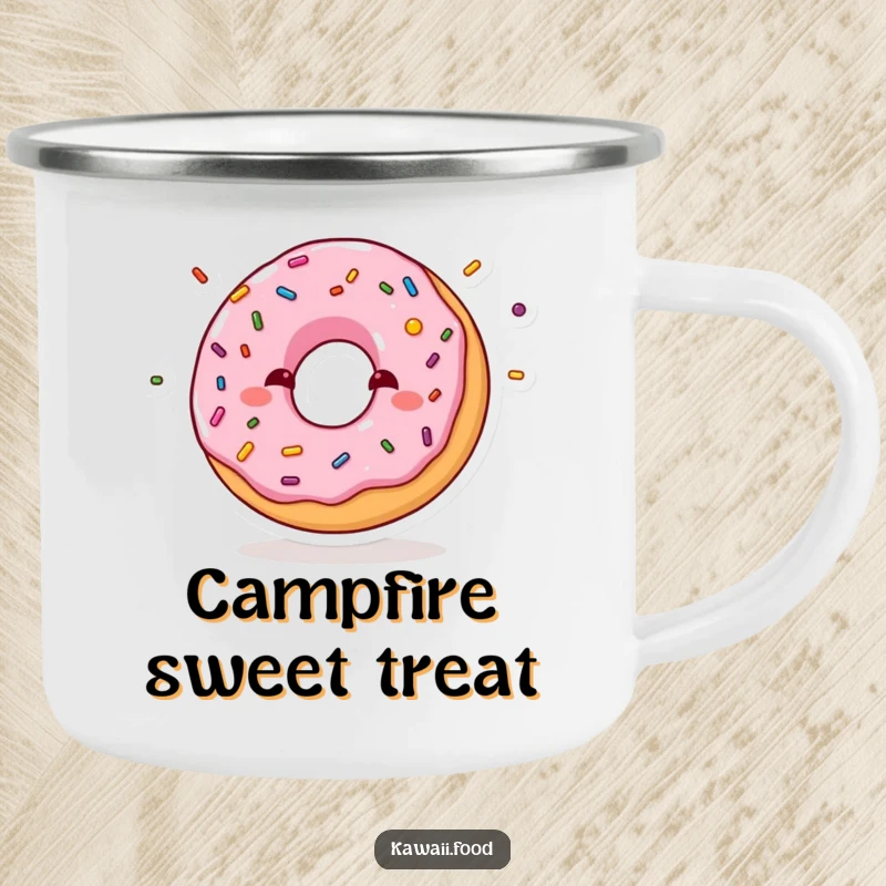 Funny camping mug featuring a shy donut juggling sprinkles, great for outdoor enjoyment and adding a touch of sweetness and humor.