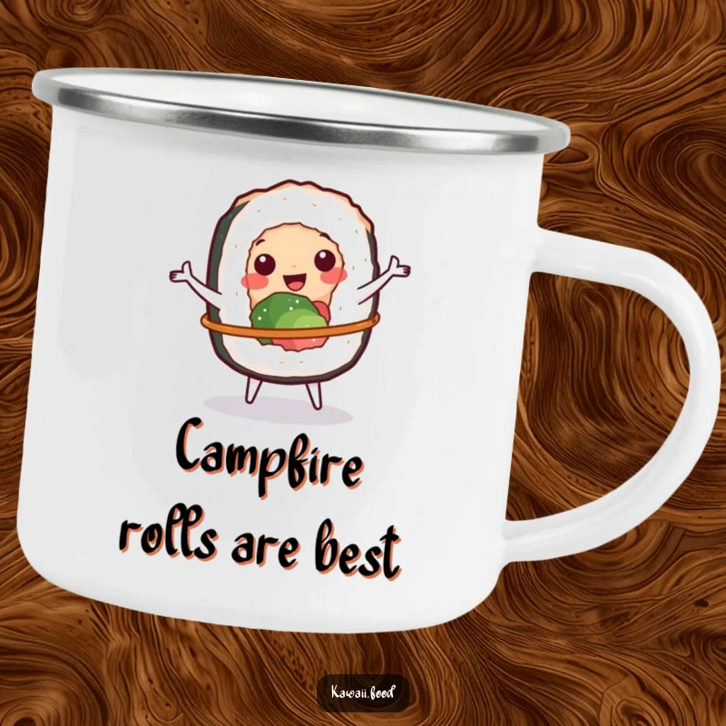 Funny camping mug showing a cheerful sushi roll character spinning a small hula hoop, ready for any outdoor meal.
