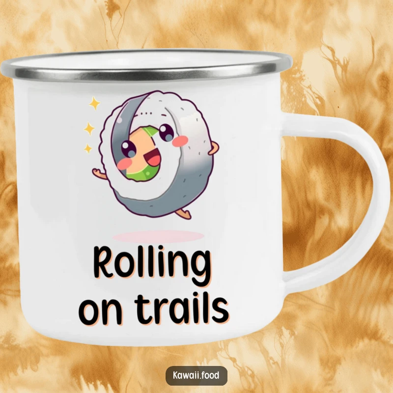 Funny sushi roll character doing a cartwheel with sparkling eyes on a camping mug, ideal for outdoor enjoyment and cheerful sips.
