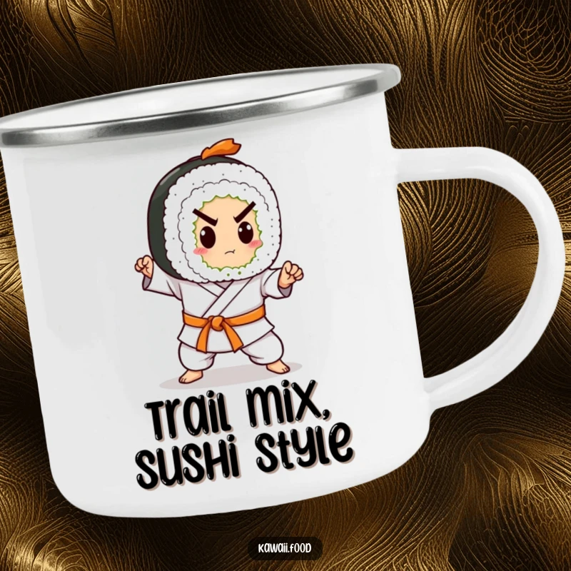 Funny camping mug with a sushi roll character in a karate belt, practicing a chop. Durable and ready for any adventure.