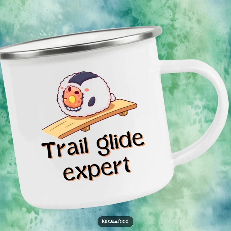 Funny camping mug depicting a smiling sushi roll smoothly sliding down a ramp, perfect for outdoor drinks.