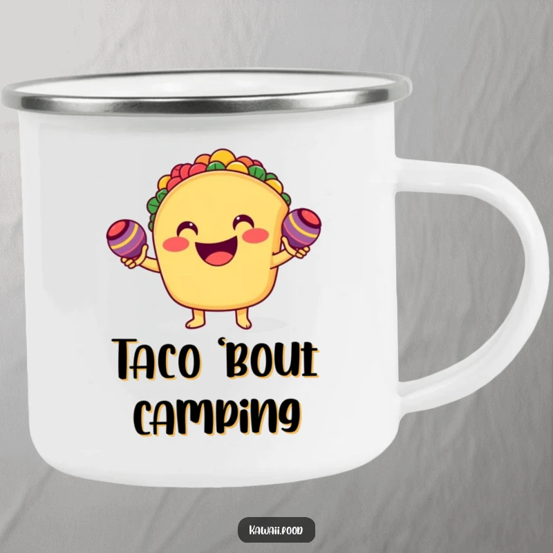 Funny smiling taco character enthusiastically shaking tiny maracas on a camping mug, perfect for outdoor enjoyment and festive sips.